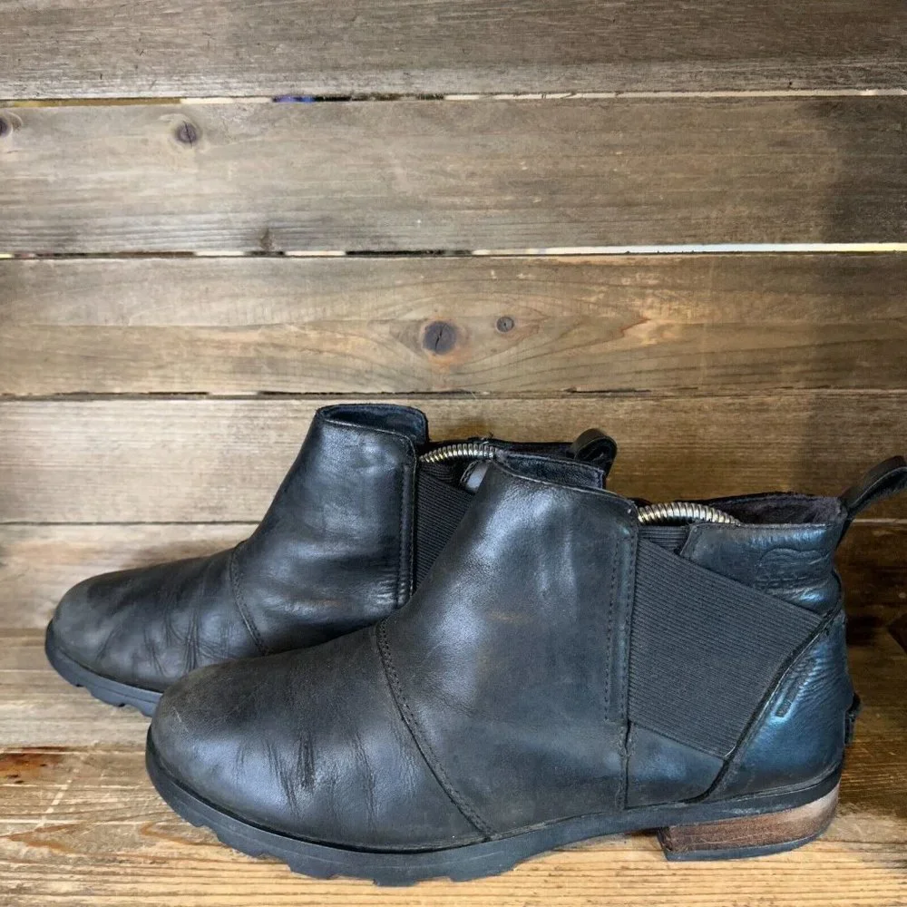 Womens Sorel Emilie Chelsea Black Leather Waterproof Ankle Boots Size 10 M GUC‎